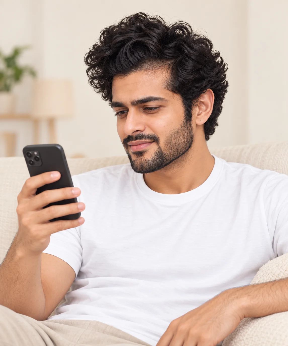 Man looking at his phone while relaxing at home