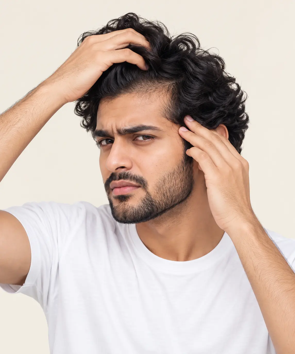 Man examining signs of hair thinning